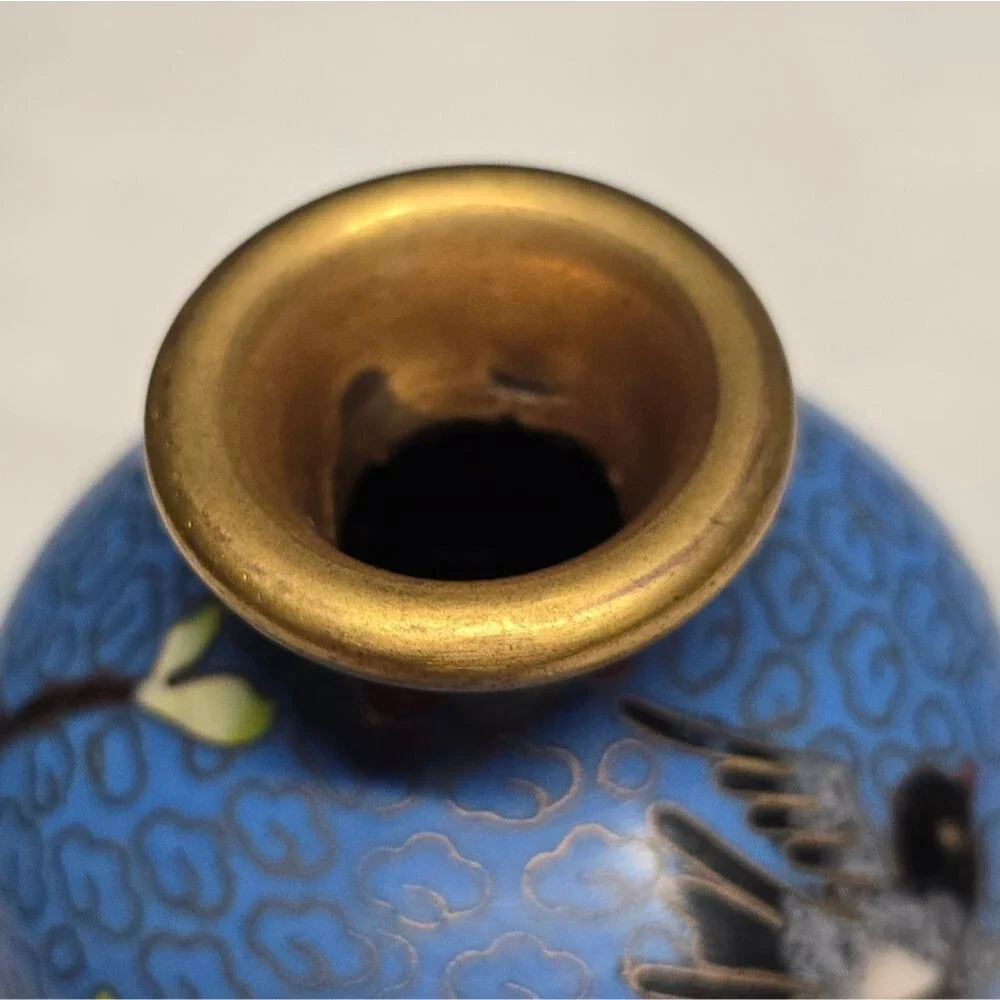 Cloisonne Cherry Blossom Flowers With Bird Blue Vintage Chinese Mini Vase
